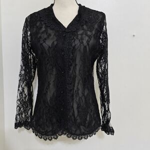 vintage victorian goth CLAUDIA RICHARD size Small Black Sheer Lace Button Top